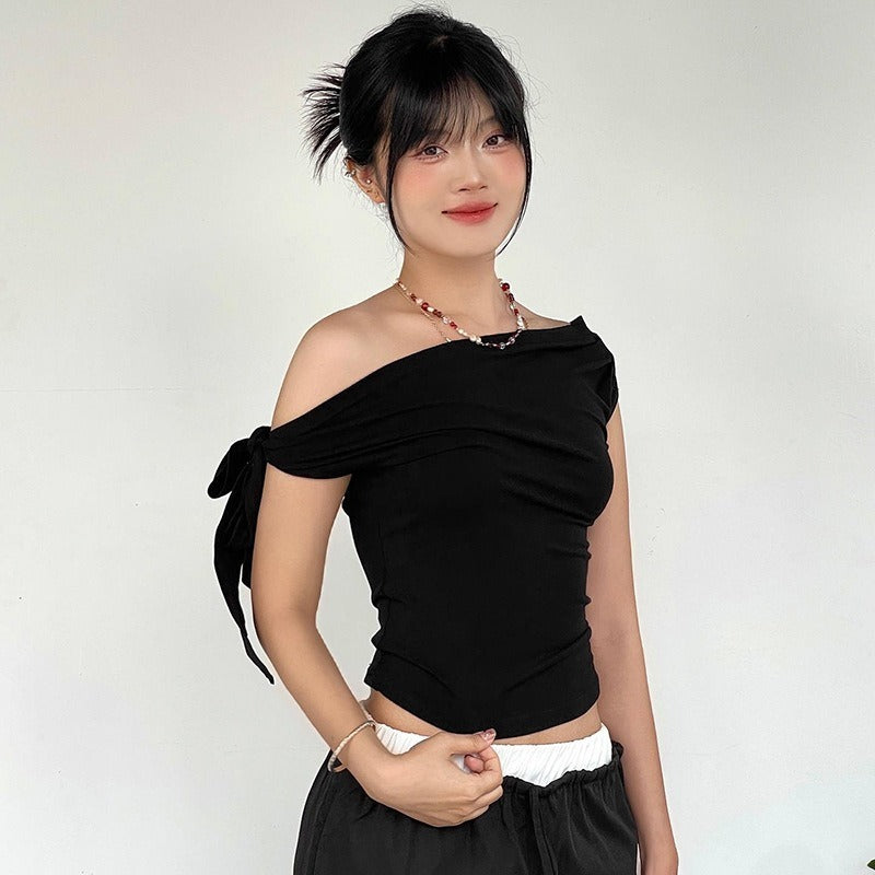 Pleated One-shoulder Backless Twisted Lace-up Asymmetric T-shirt Top