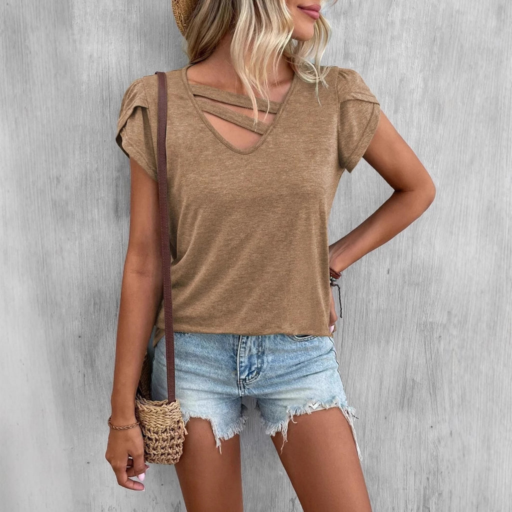 V-neck Stitching Petal Sleeve Loose T Top For Women