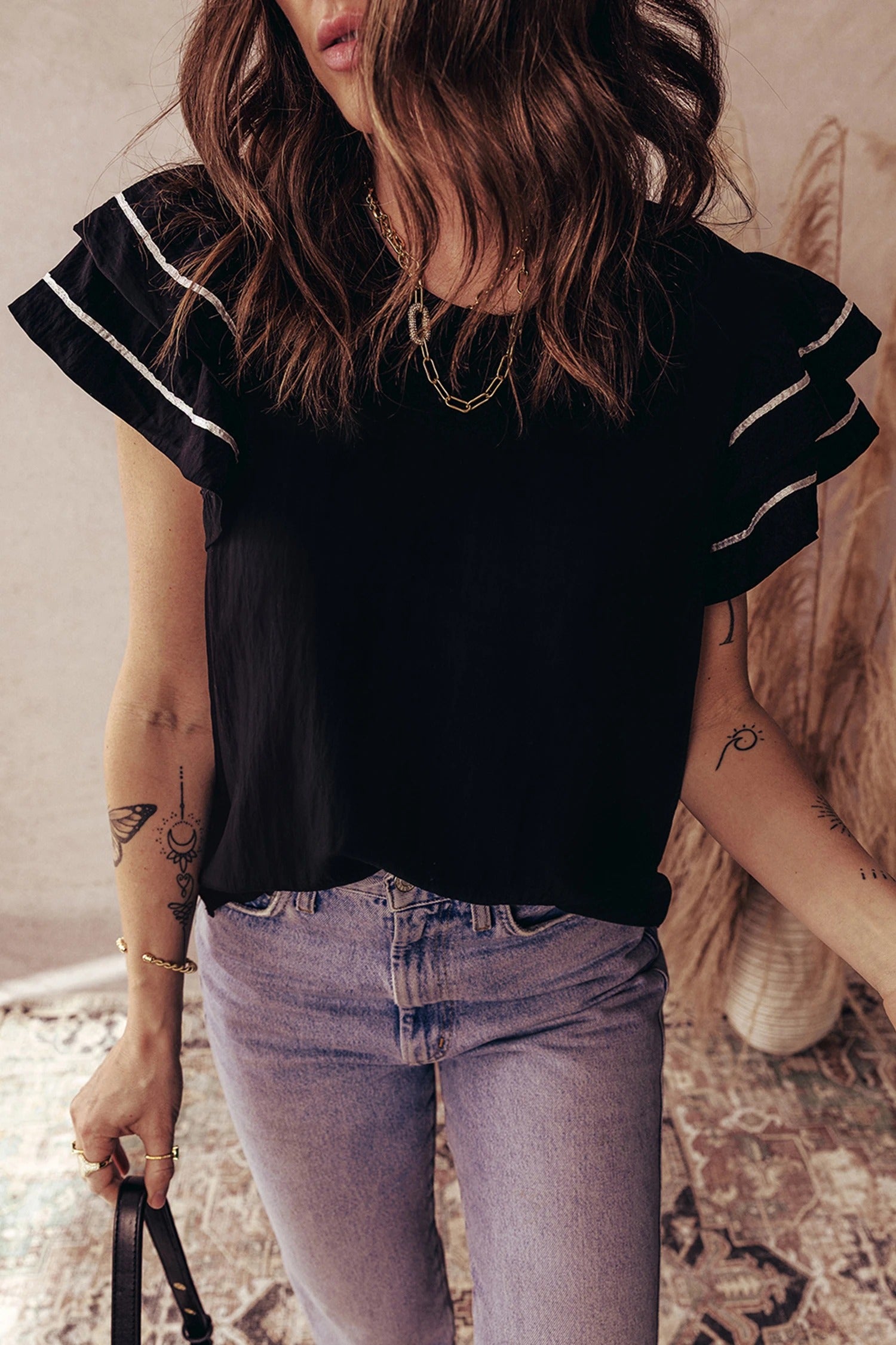 Black Contrast Trim Dual Ruffle Short Sleeve Textured Blouse