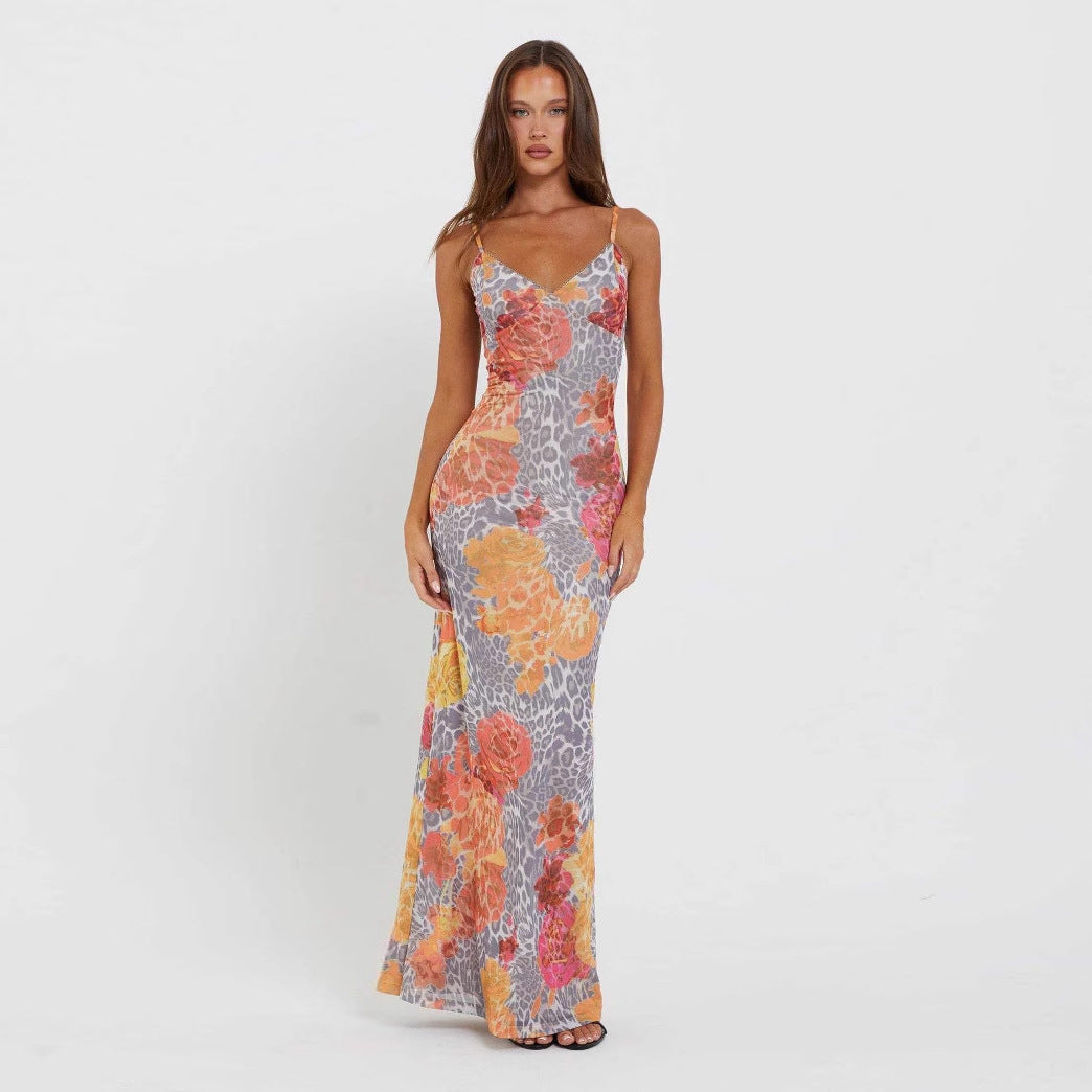 Slim-fit Contrast Colors Backless Sling Dress