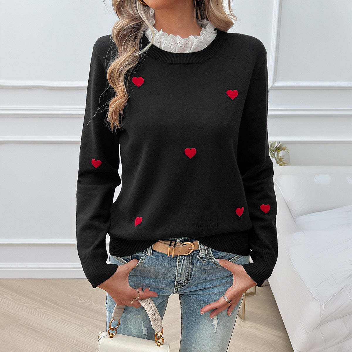 Sweet Cute Style Embroidery Love Lace Collar Sweaters