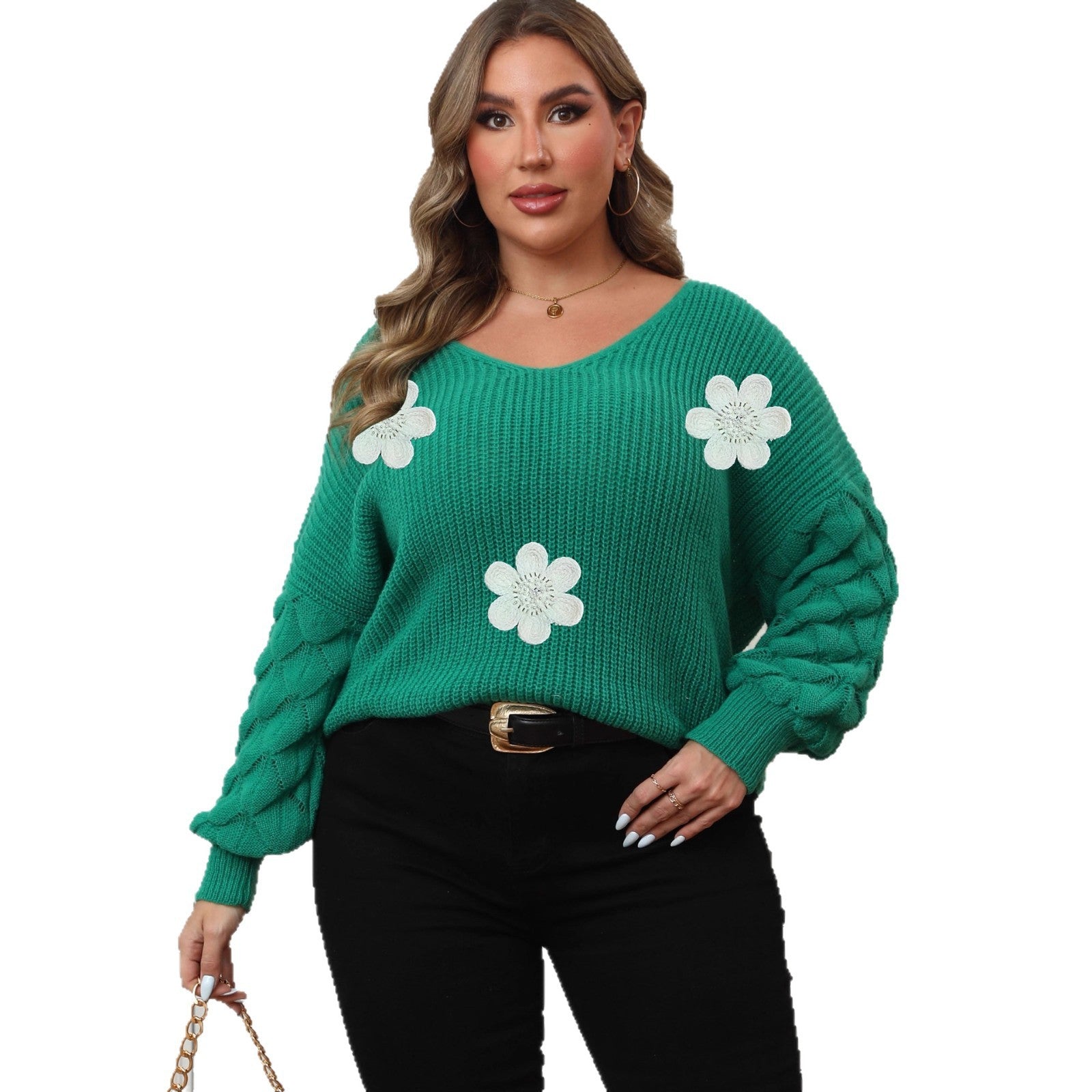 Women's Pineapple Sleeve Three-dimensional Flower Stitching Pearl Embroidered Sweater