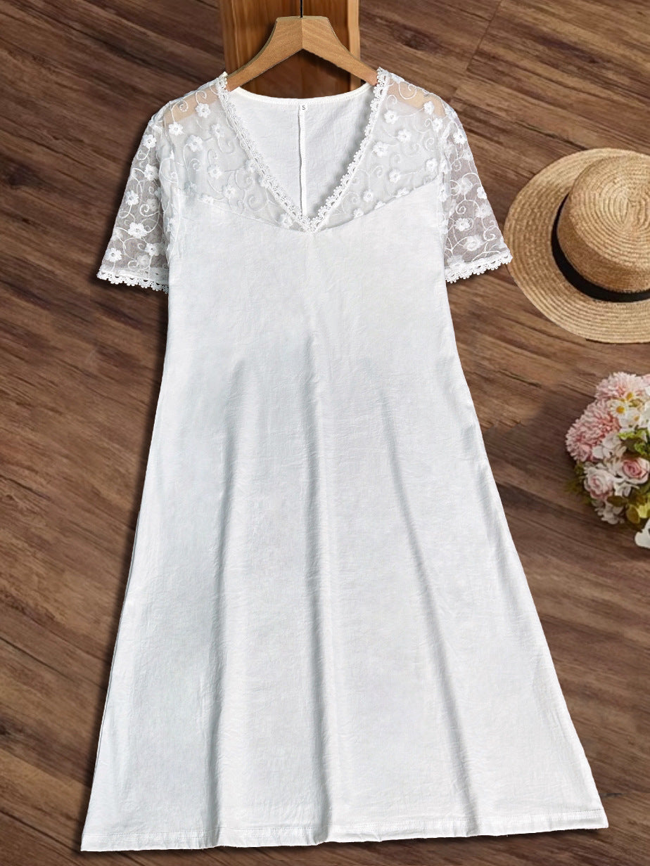 White Lace Ruffled Short Sleeves Hollow Dress