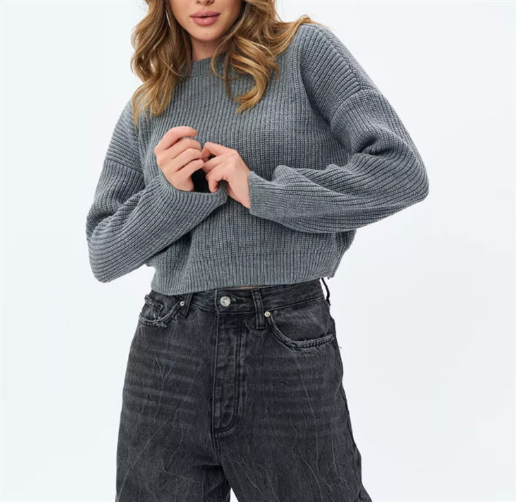 Women's Solid-color Crew-neck Loose-fitting Pullover Sweater