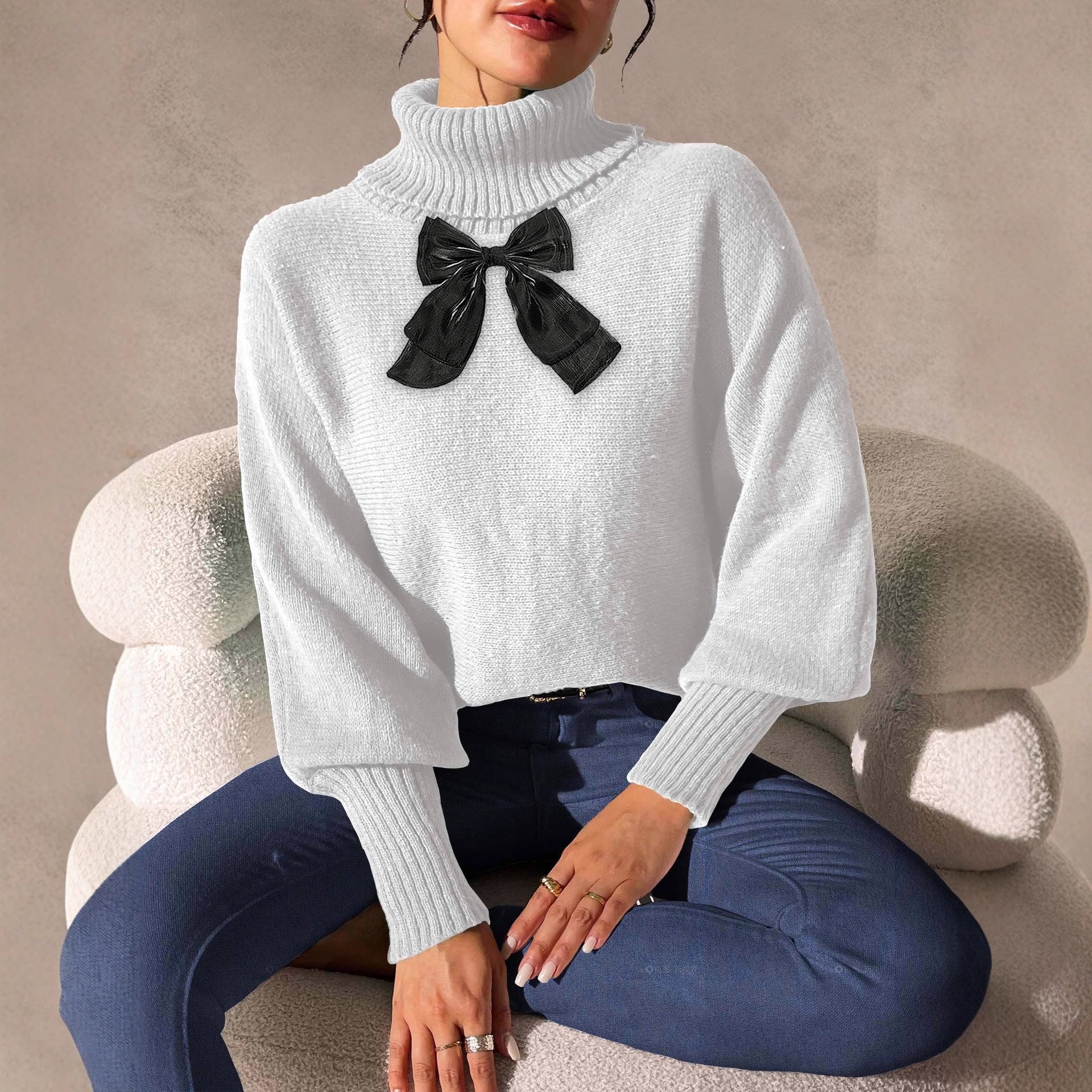 Women's Batwing Sleeve Lace Bow Patchwork Turtleneck Sweater