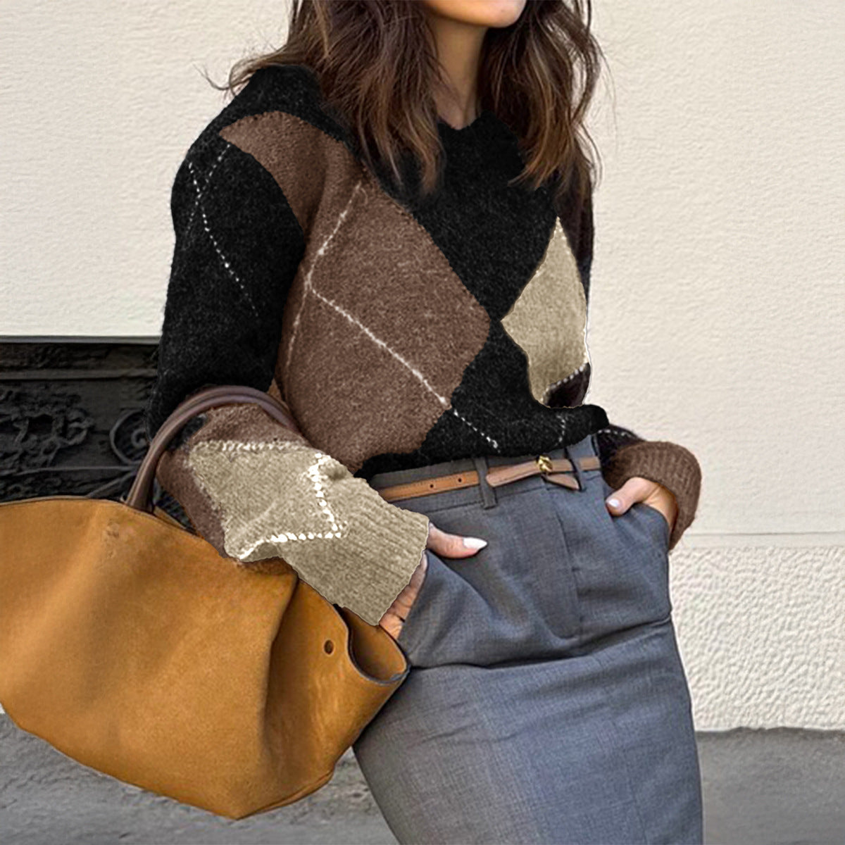 Fashionable Colorblock Long-Sleeve Knitted Sweater For Women