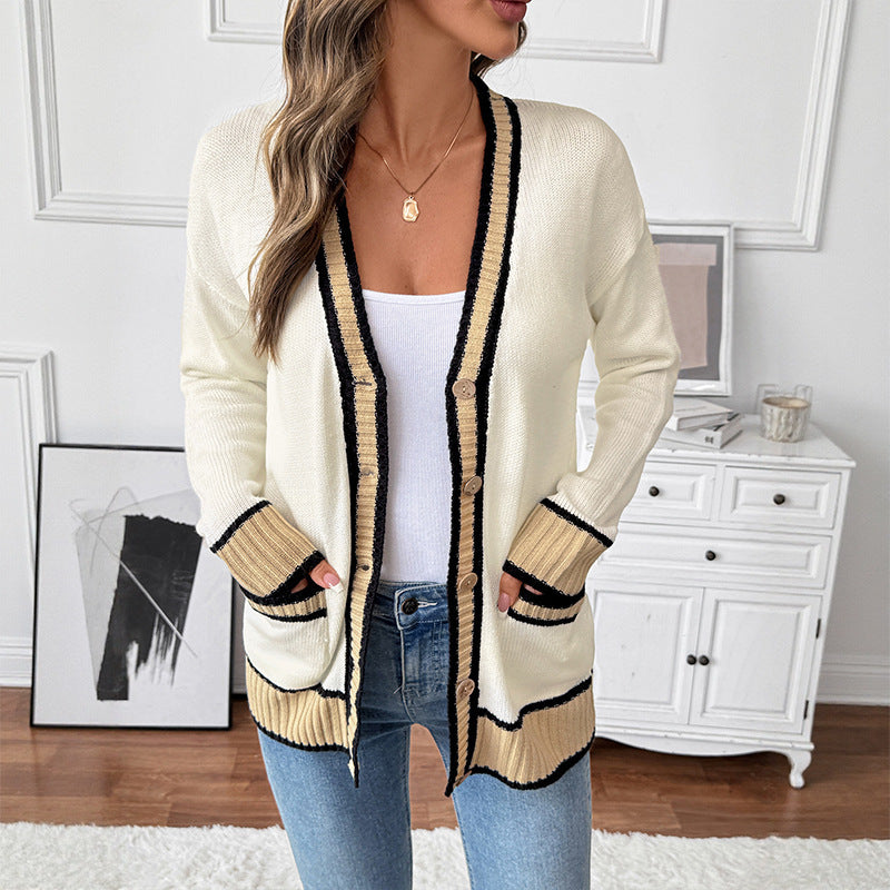 Loose V-collar Contrast Color Sweater Cardigan For Women