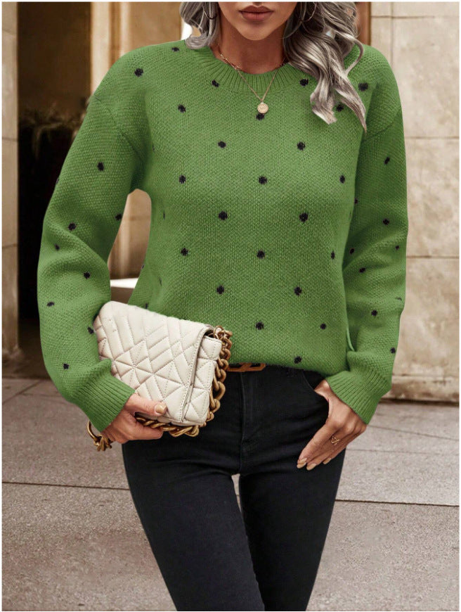 Fashion Round Neck Long Sleeve Pullover Sweater Polka Dot Print Knitwear
