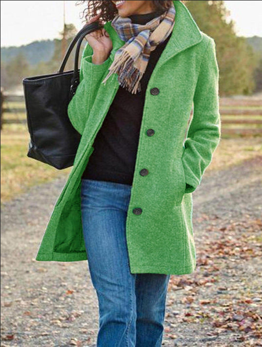 Ladies New Woolen Mid-length Multi-grain Buckle Cardigan Coat