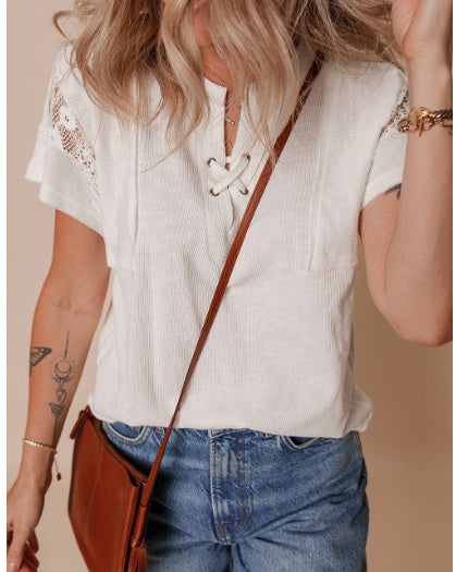 White Ribbed Texture Lace Patchwork Short Sleeve Top
