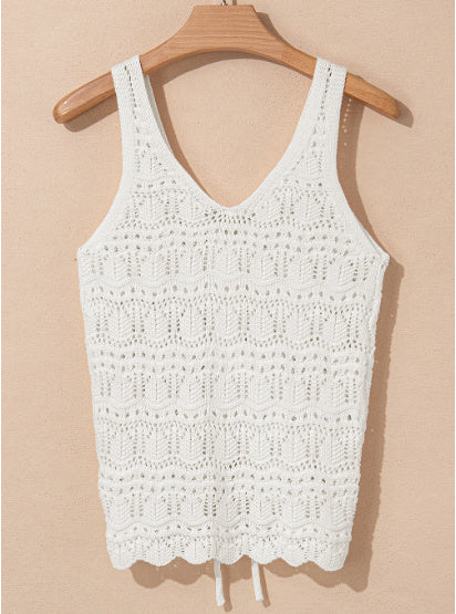 Beige Trendy Hollowed Knit V Neck Drawstring Sweater Vest