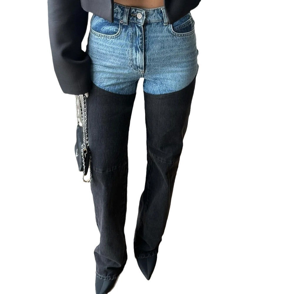 Spring Leisure Color Contrast Patchwork Straight Women's Worn Jeans