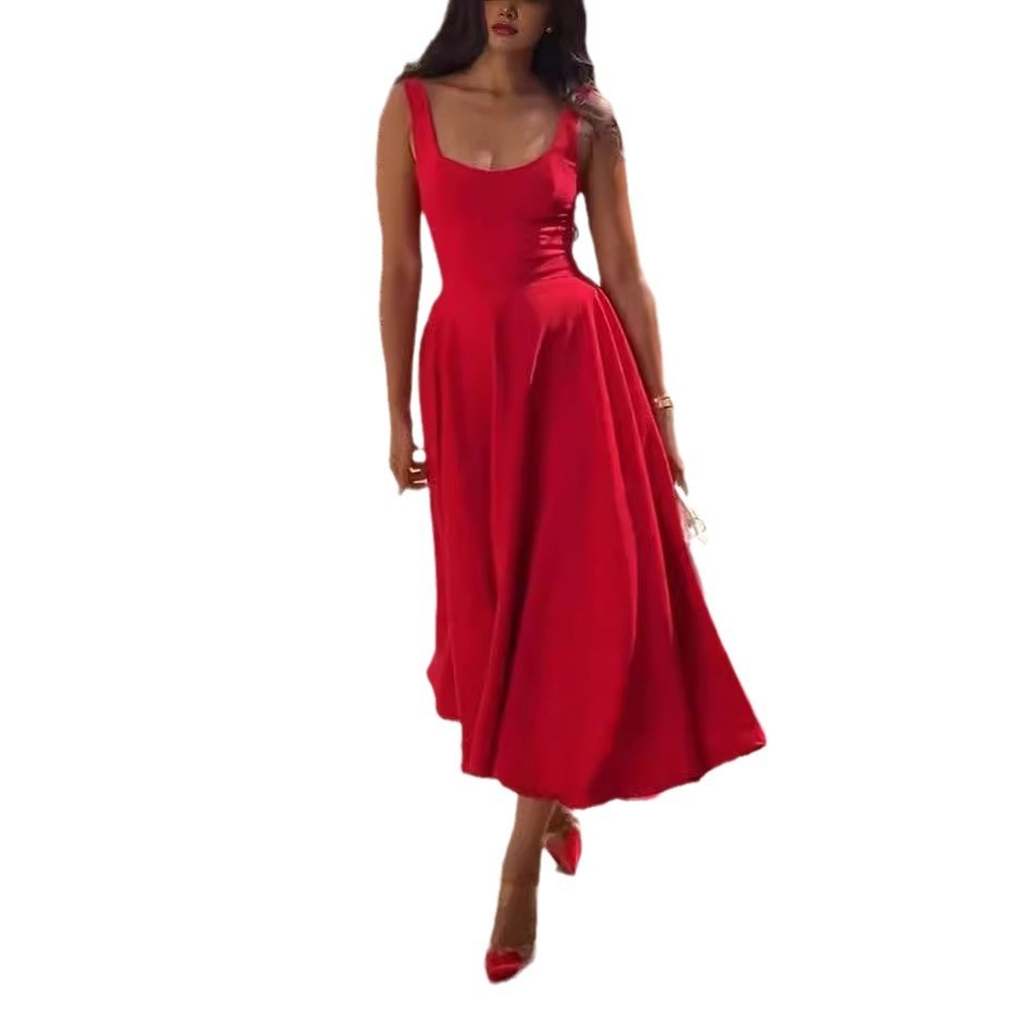 Women's Solid Color Square Collar Sling Dress