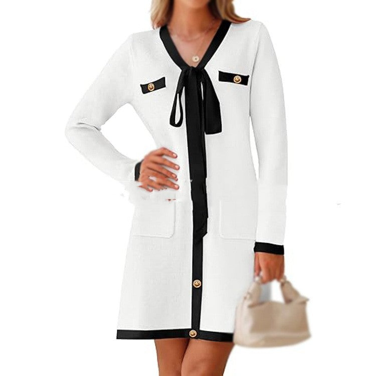 Knitted Lace-up Long Sleeve Dress Women