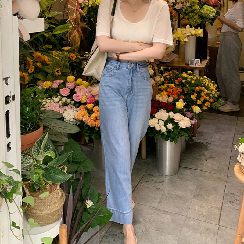 Retro Washed Loose Straight High Waist Slim Nine-point Outfit For Summer