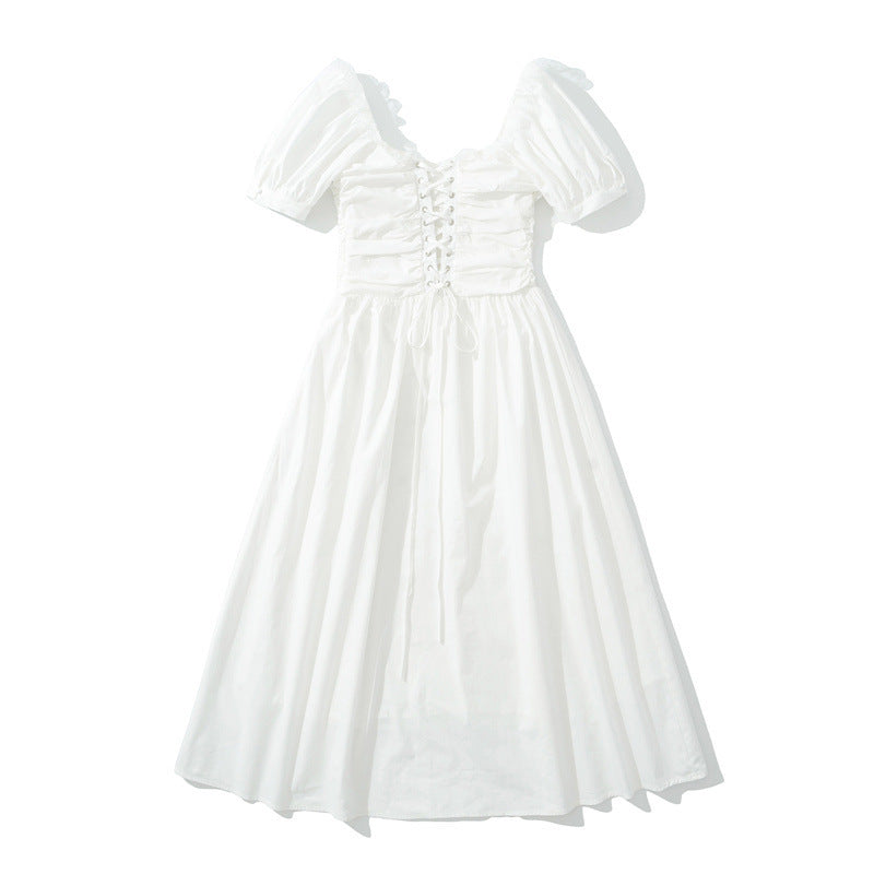 French Style High-grade Square Collar Pleated Slim-fit Drawstring Waist Dress