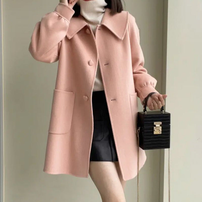 Medium Heart Buckle Slim Fit Woolen Coat Younger Peter Pan Collar Children