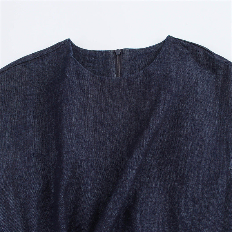 Round Neck Sleeveless Gold Inlaid Back Slit Denim Dress