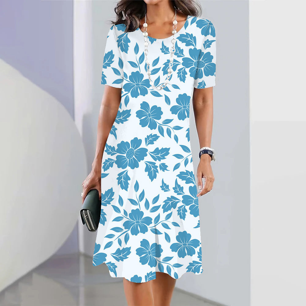 3d Floral Blue Printed Round Neck Fashion Party Dress