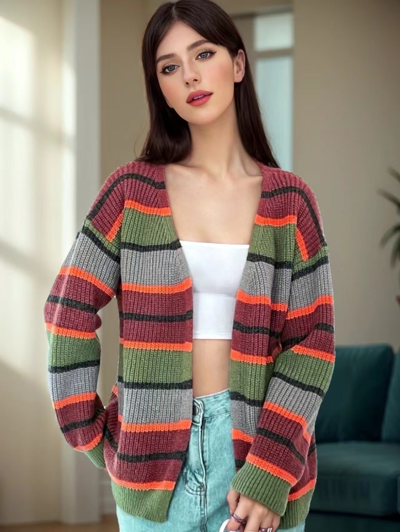 Fashion Women's Wear Striped Casual Cardigan Sweater