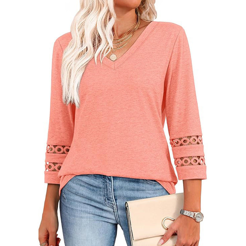 Solid Color Loose V-neck 34 Sleeves Women