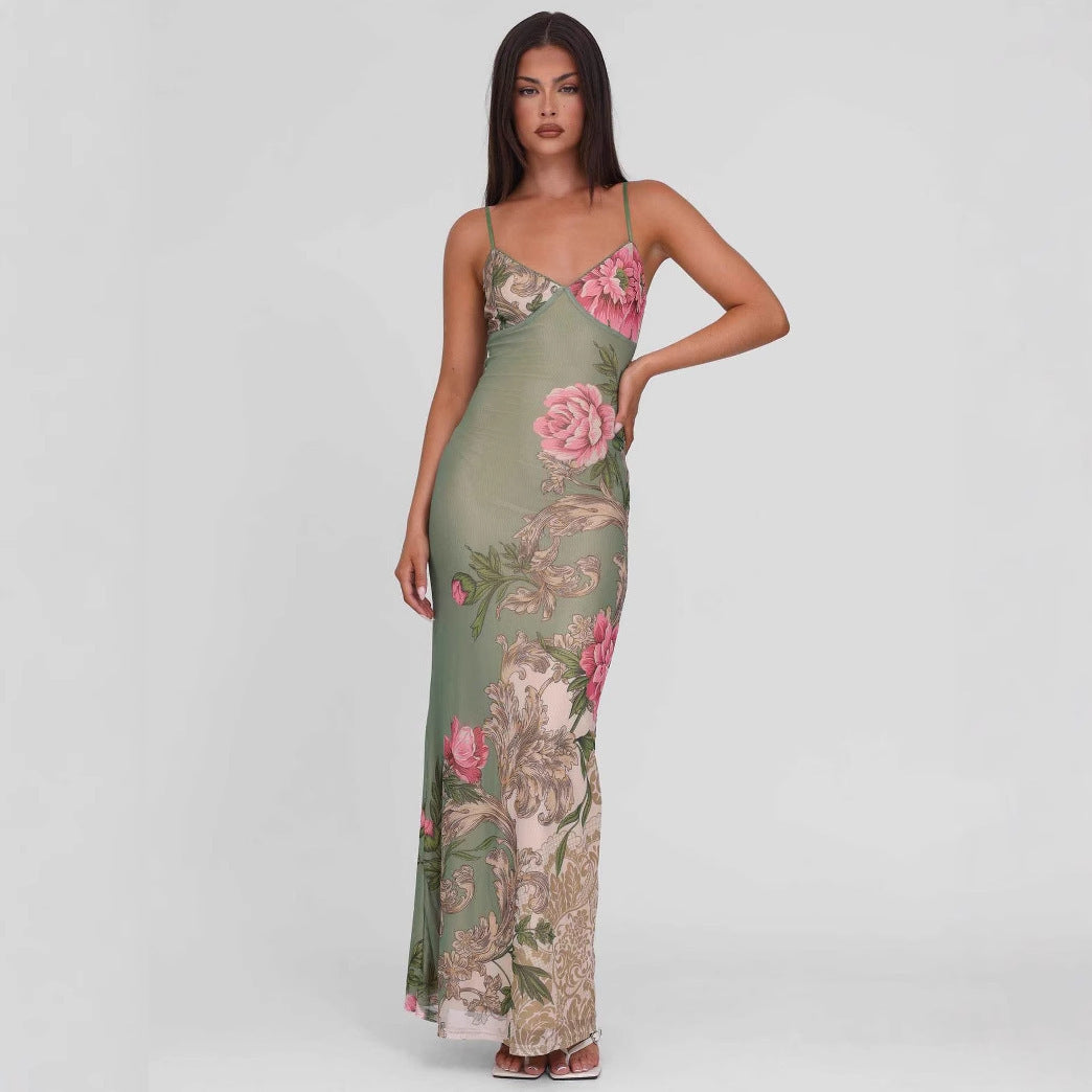 Slim-fit Contrast Colors Backless Sling Dress