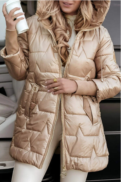 Solid Color Hooded Mid-length Cotton Coat With Three Zippers