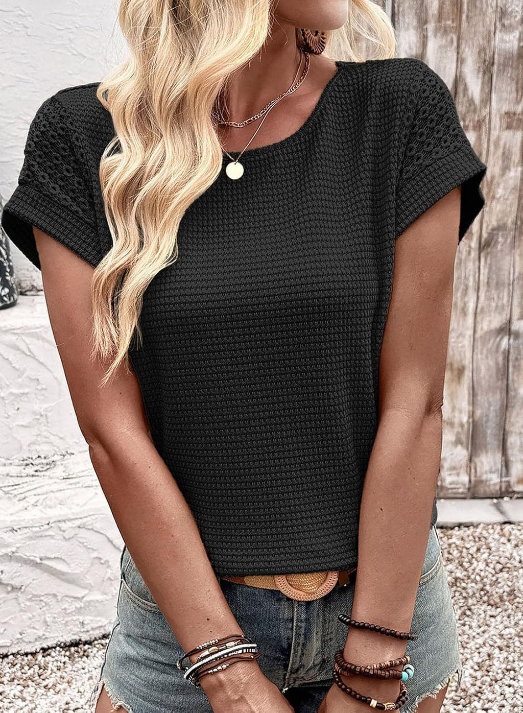 Women's Round-neck Waffle Knit Lace Cutout Short-sleeved Shirt