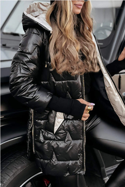 Solid Color Hooded Mid-length Cotton Coat With Three Zippers