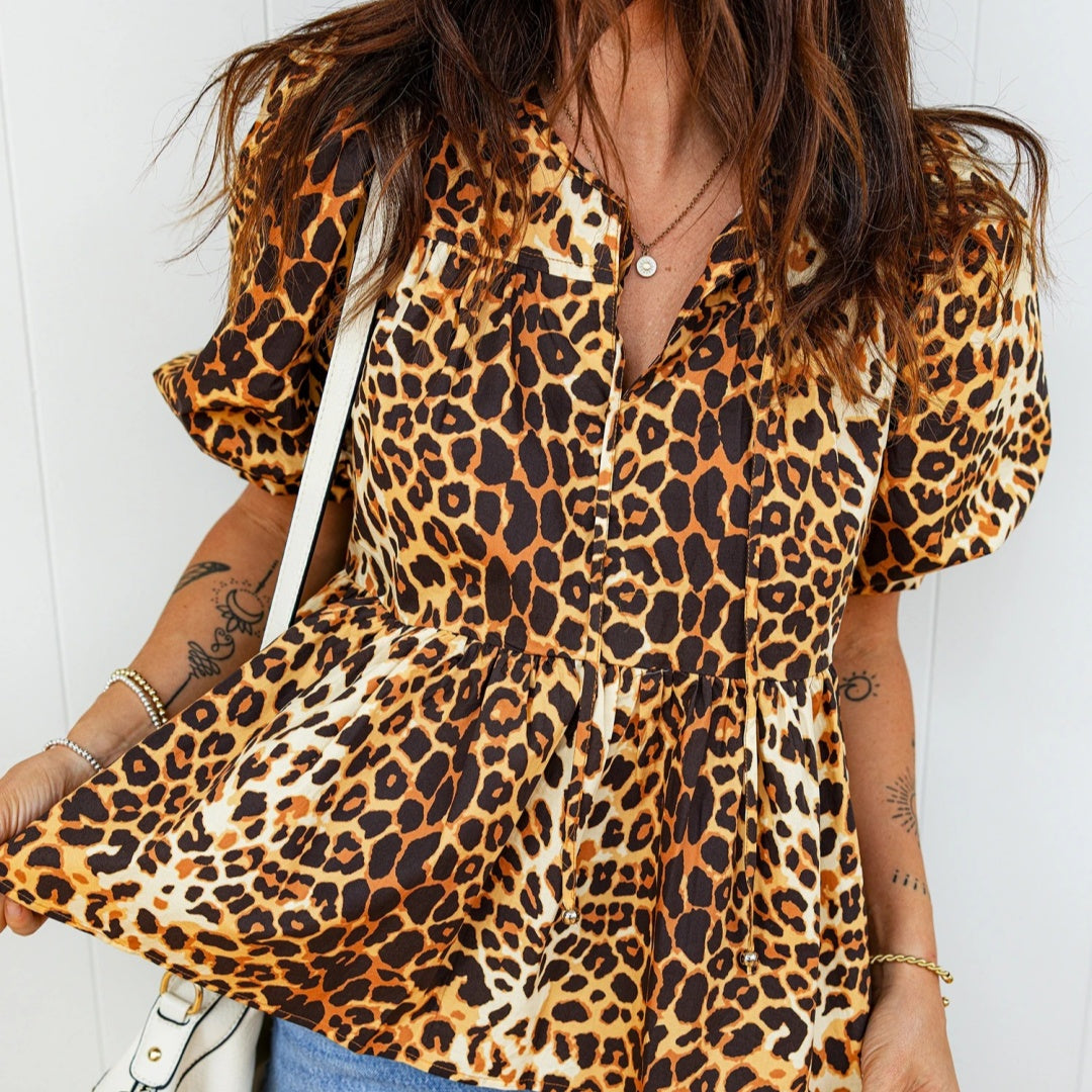Womens Casual Leopard-print Loose-fit Short-sleeve Top