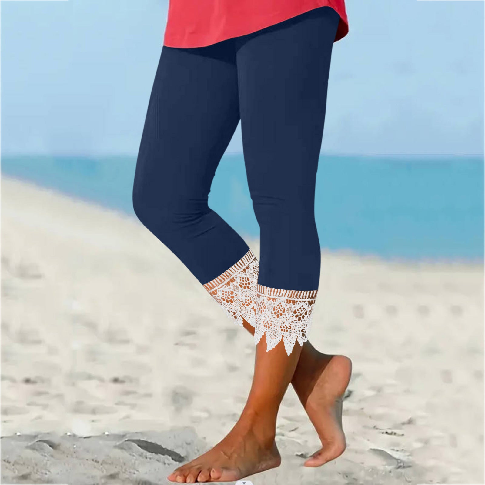 Solid Color Casual Lace Stitching Leggings
