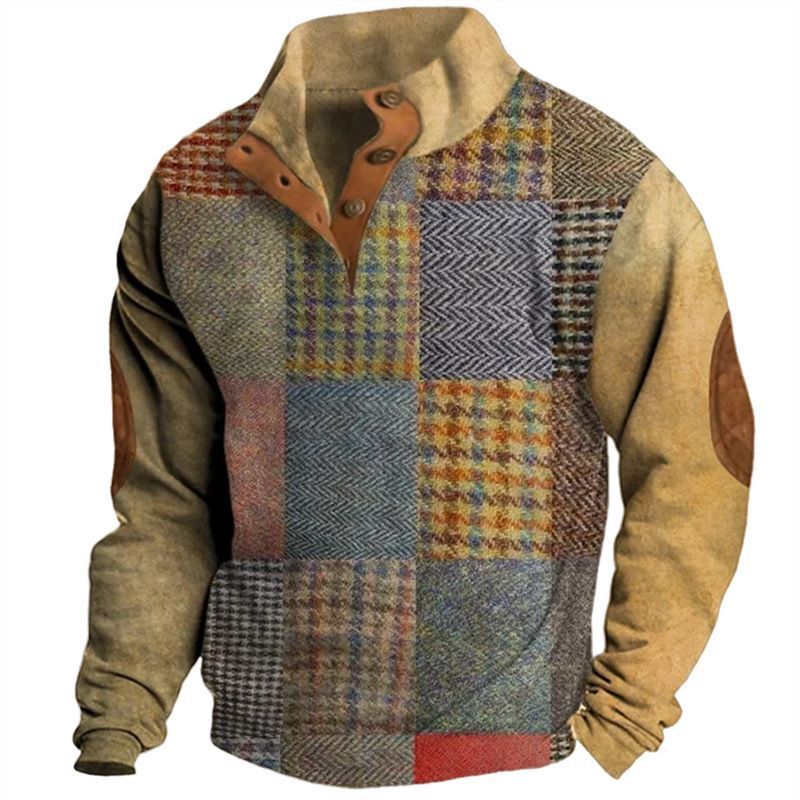 Retro Digital Printing Button Henry Collar Long Sleeve