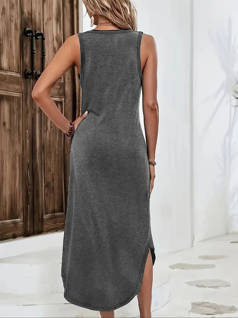 European And American Summer Women's Sleeveless V-neck Slit Mid-length Knitted Dress