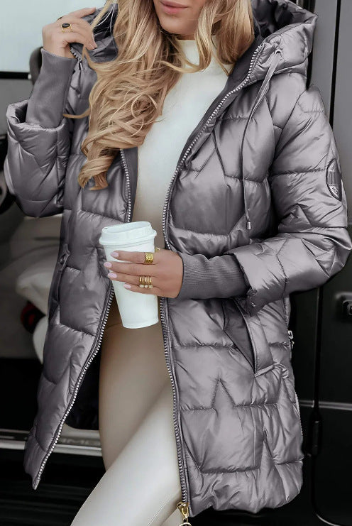 Solid Color Hooded Mid-length Cotton Coat With Three Zippers