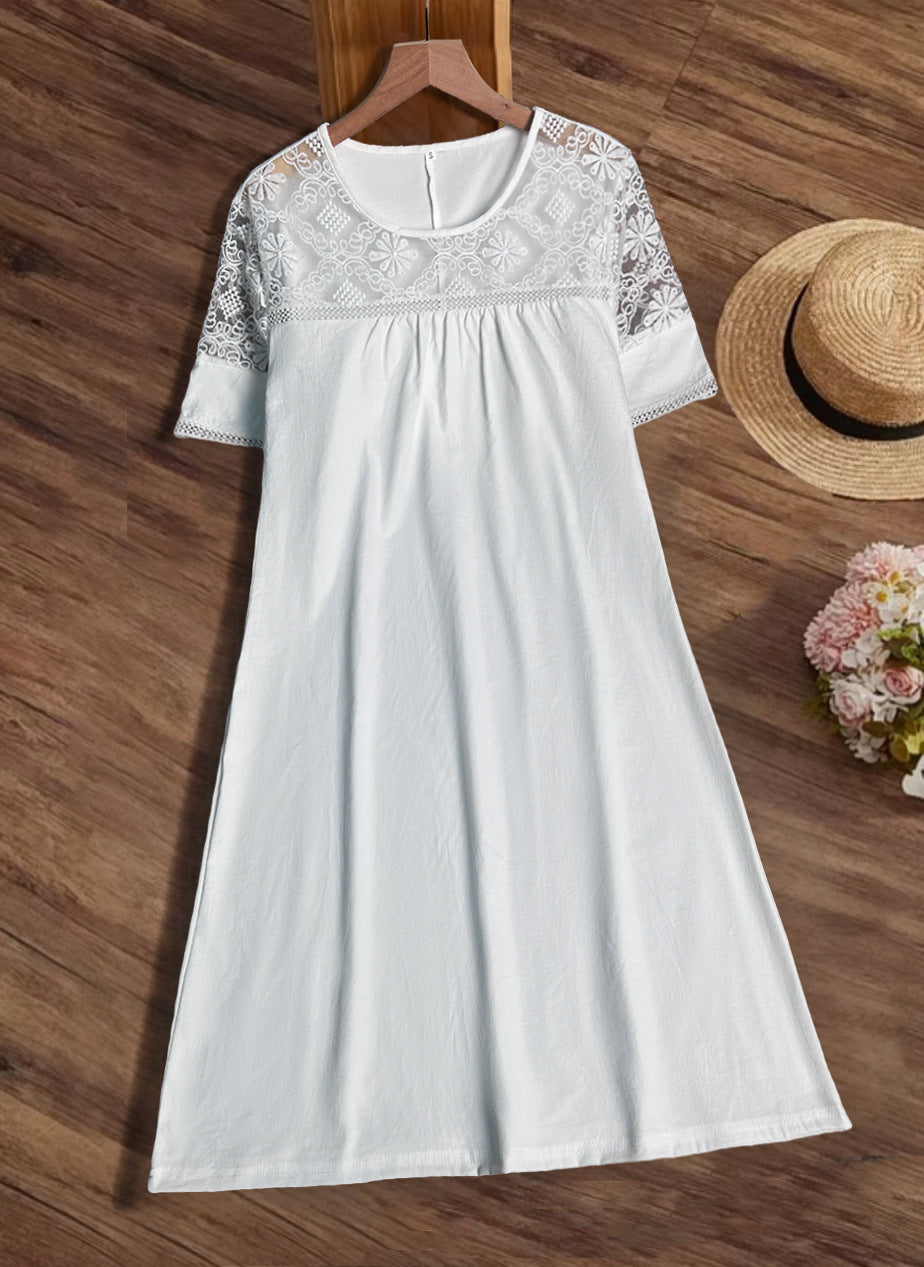 White Lace Ruffled Short Sleeves Hollow Dress