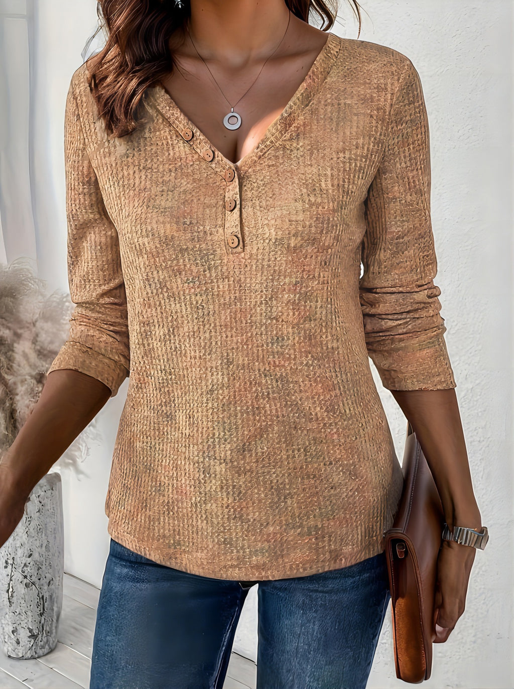 Women's V-neck Pullover Fastener Decoration Long Sleeve