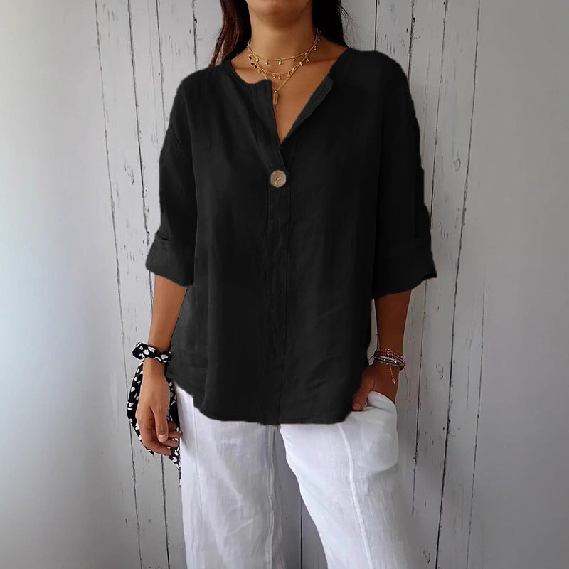 Summer New Loose T-shirt Women's V-neck Solid Color Button Three-quarters Sleeve Top