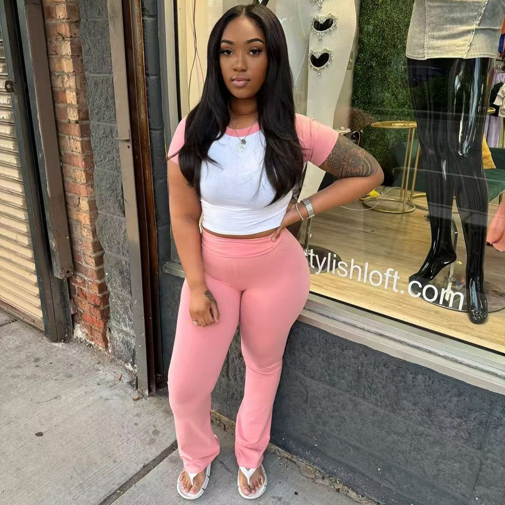 Women's Contrast Color Short-sleeved Trousers Casual Two-piece Suit