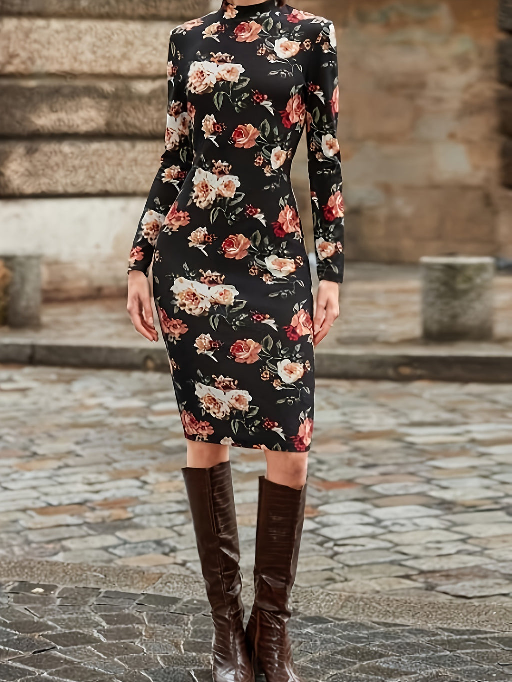 Lady's Flower Printed Long Sleeve Tight Dress
