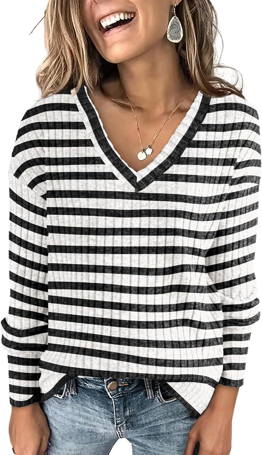 Cotton Striped Color Collision Design V-neck Pullover Long Sleeve Top Sweater