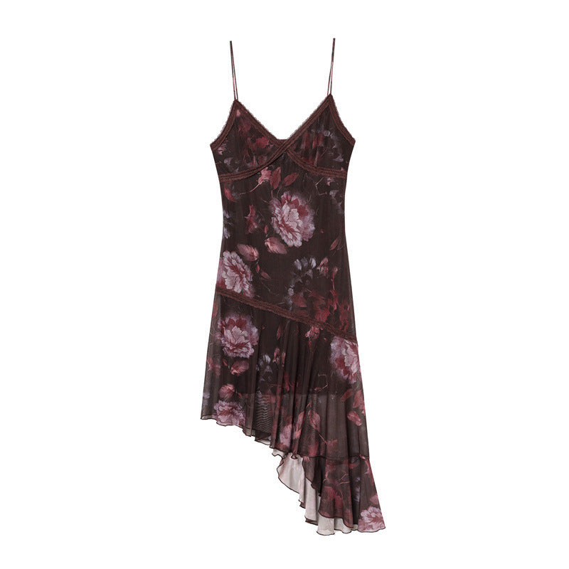 Lace V-neck Printed Sling Irregular Dress