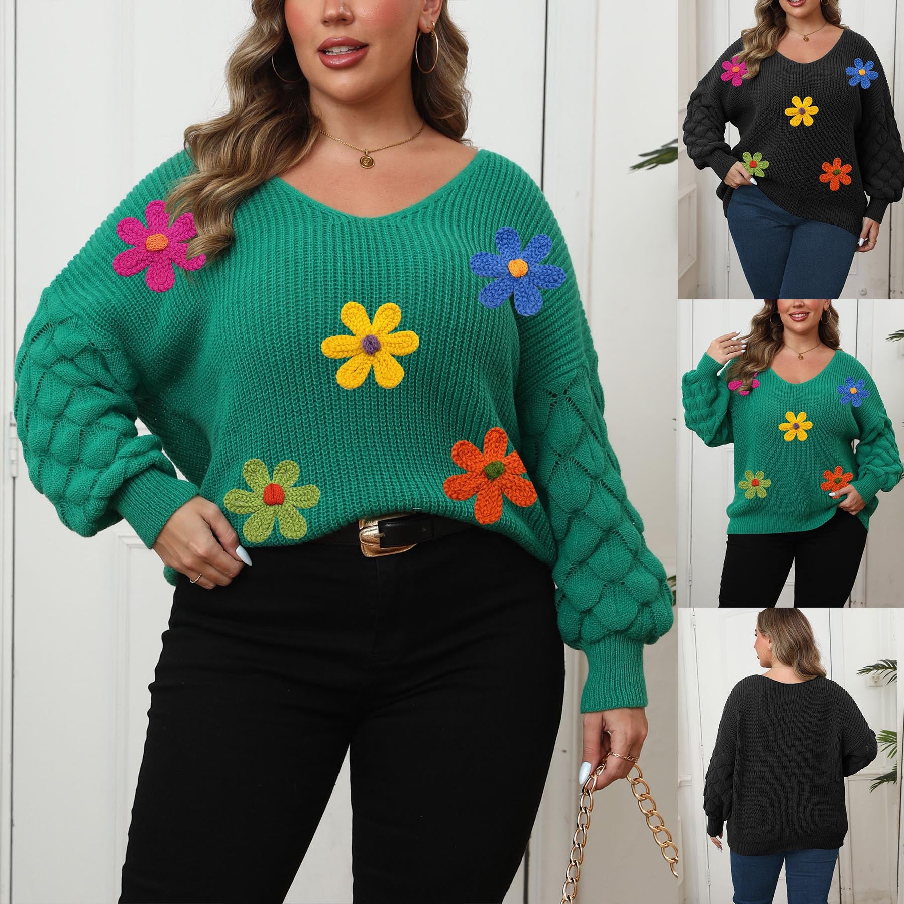 Plus-size Women's Sweater Pineapple Sleeve Patch Base Shirt 3D Wool Embroidery Flowers