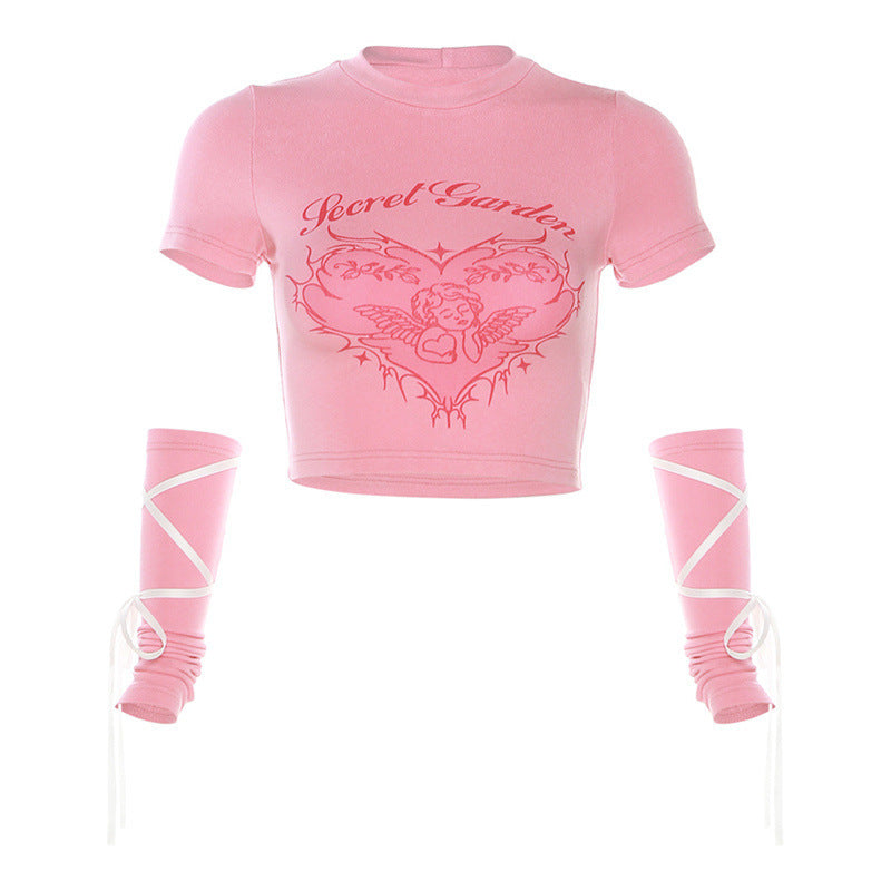 Women's Slim Fit Midriff-baring Fashion Round Neck Printed Short Sleeve