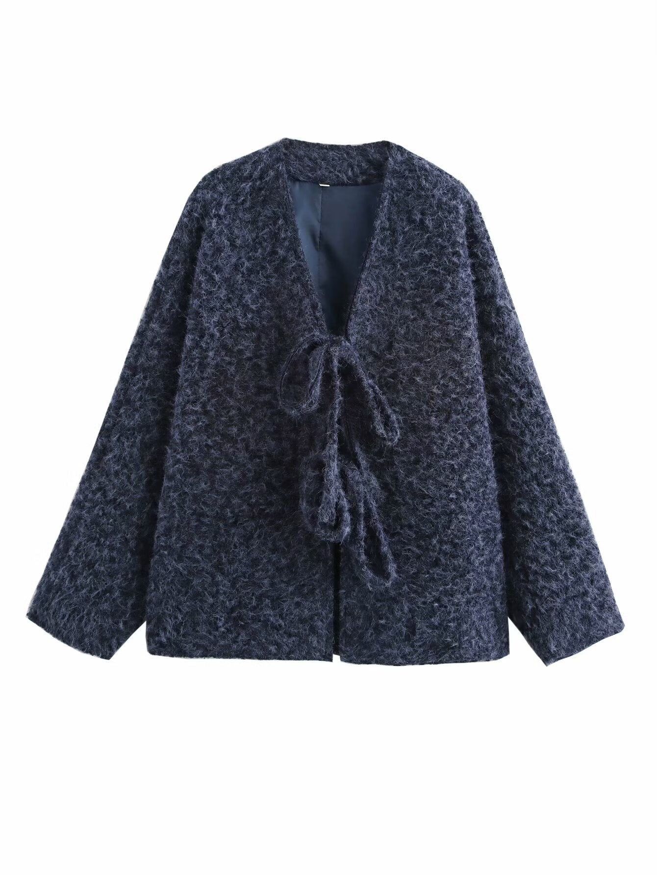 V-neck Cardigan Fashion Casual Lace Up Woolen Coat Short Coat