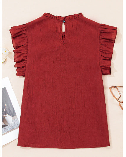 Red Dahlia Solid Color Pleated Detail Ruffle Short Sleeve Blouse