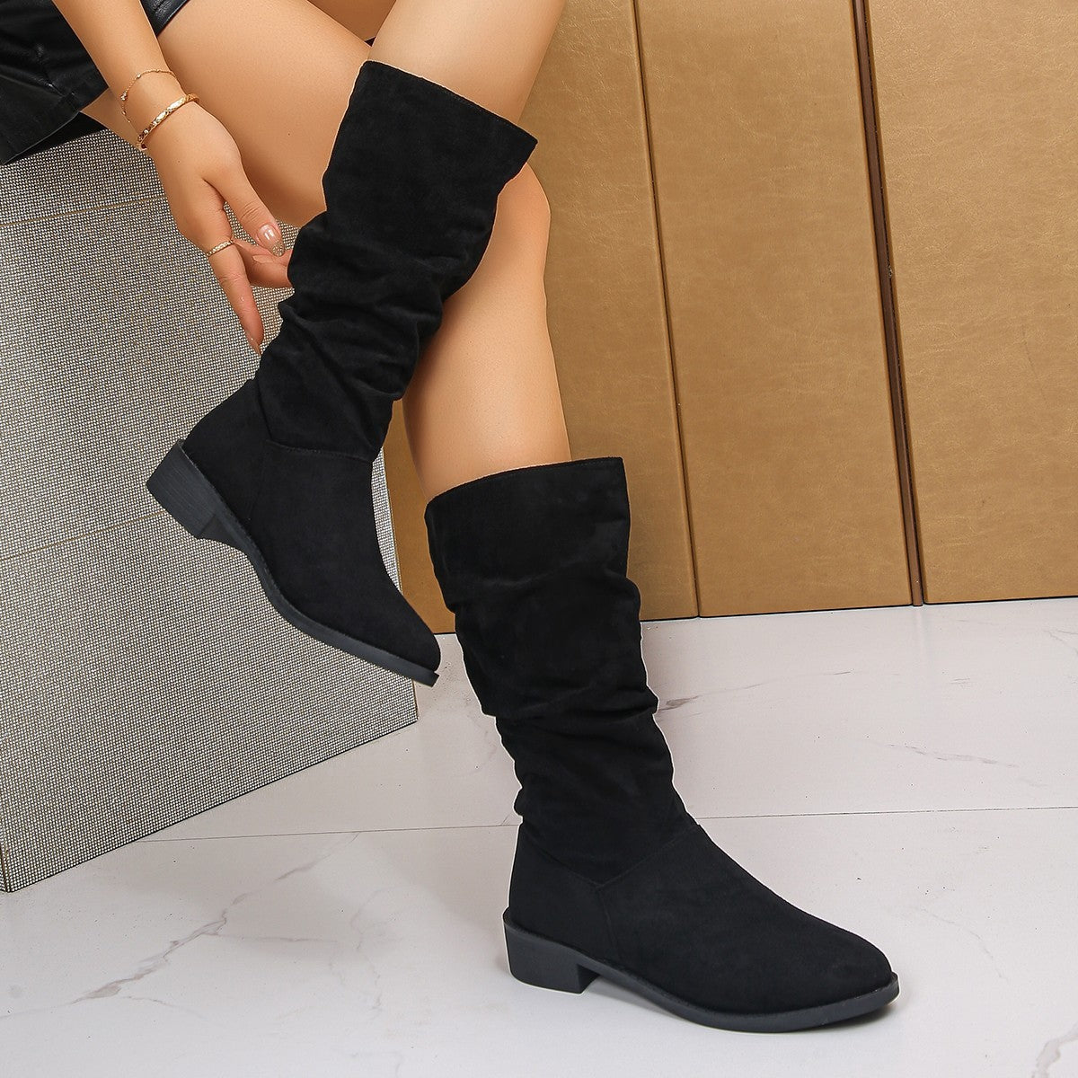 Plus Size Suede Pleated Pile Style Boots For Women Tall Knight Boots