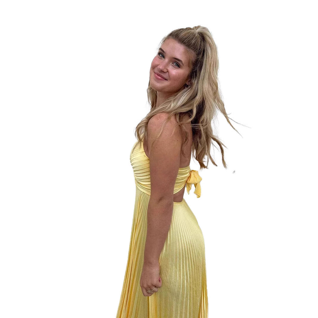 Women's Sling Pleated V-neck Sexy Lace-up Solid Color Dress