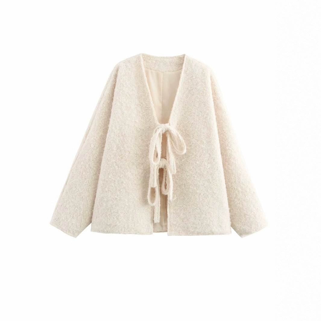 V-neck Cardigan Fashion Casual Lace Up Woolen Coat Short Coat