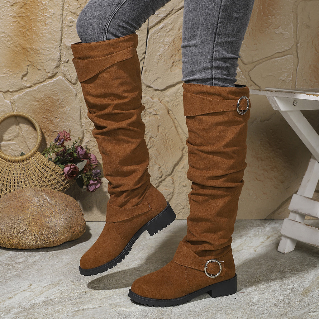 Winter Pleated Buckle High-top Large Size Riding Boots