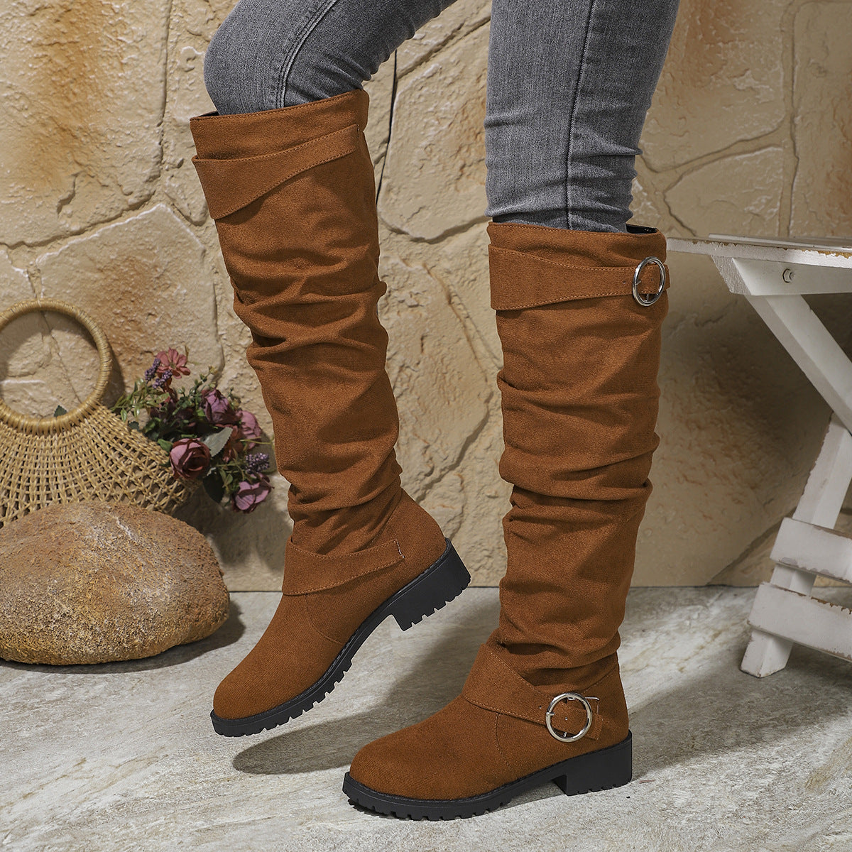 Winter Pleated Buckle High-top Large Size Riding Boots